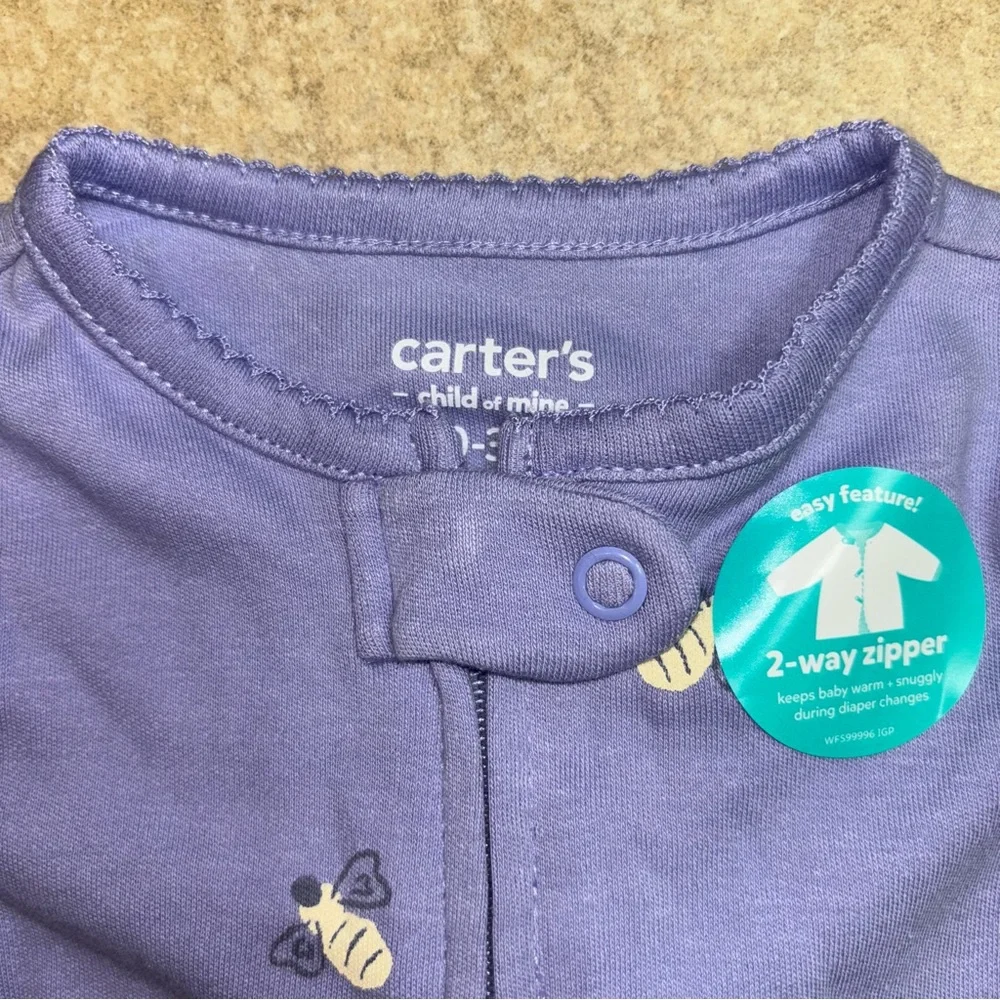New! Carter's NB Lavender Bee Print Footie Sleeper Baby Girl NB - Picture 6 of 8